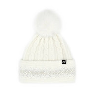 Beanie Pom Pearl Rhinestone CC Winter Hat Cream