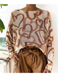 Sweater Lightweight One Size Brown Hearts