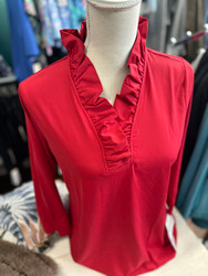 Top Ruffle Neckline 3/4 Sleeves Red LuLu B 
