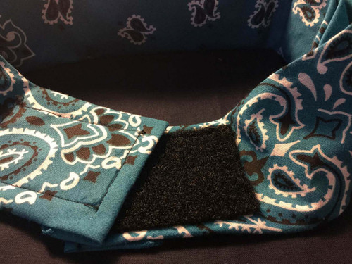 This is an example of our NO KNOT NO TIE backside closure option. Firm fitting and quality sewn on.  Check out our long bling bling scarves and stretchy headbands too.