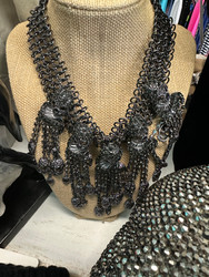 Necklace, Skulls Bib Choker Gunmetal Black Rhinestones