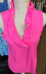 Top, Sleeveless Ruffle Neck Hot Pink  SPF50 Coolant Fabric LuLu B 