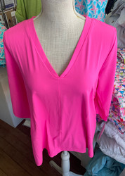 Top, V Neck 3/4 Sleeve Hot Pink Coolant Fabric LuLu B 