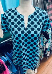 Top, Keyhole Short Sleeved Turk Navy Rope Coolant Fabric LuLu B 