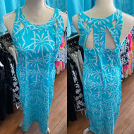 Dress, Maxi Sexy Palm Tree Turquoise Coolant Fabric LuLu B 
