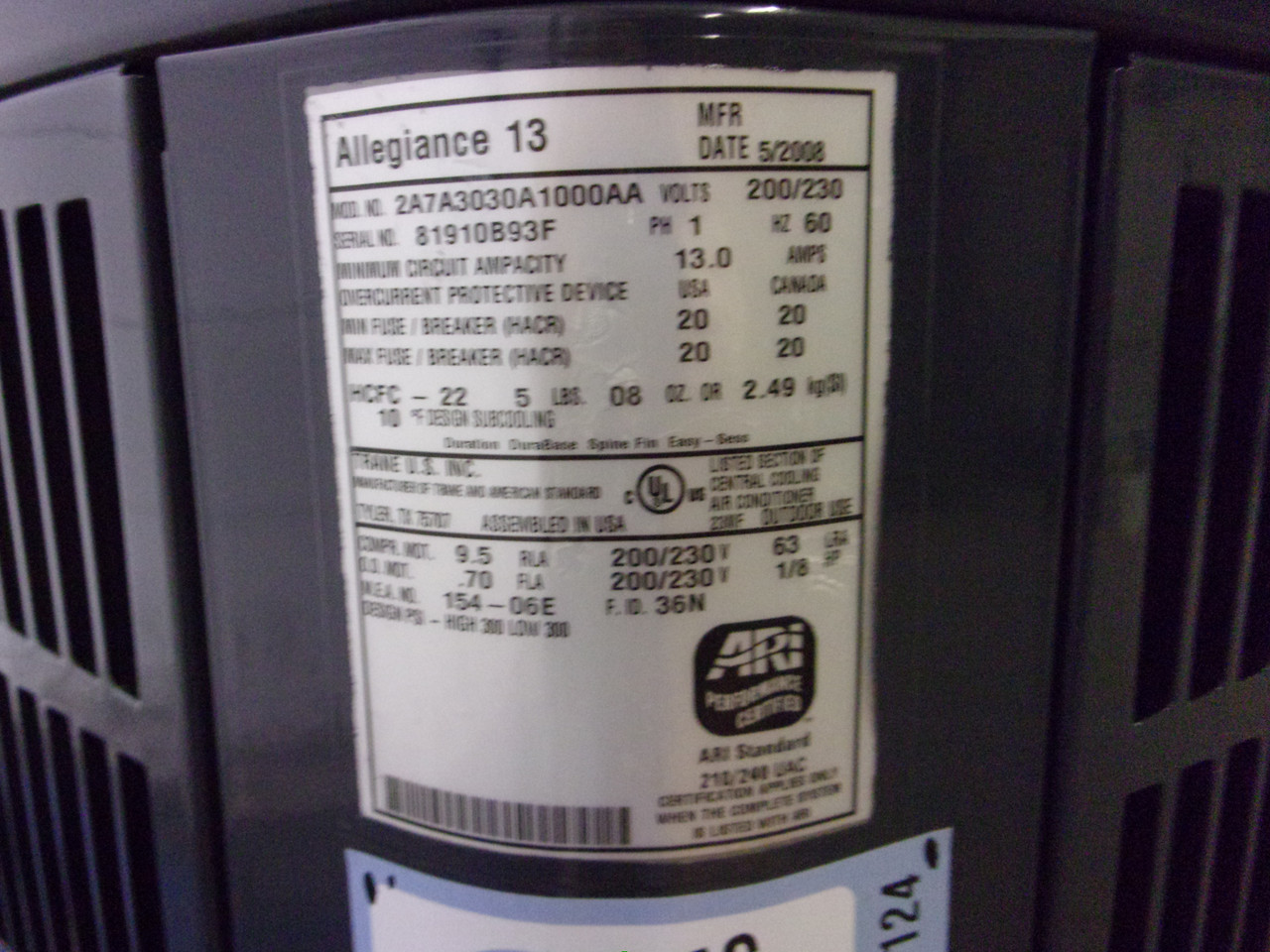 American Standard Used Central Ac Condenser 2a7a3030a1000aa Acc 13711