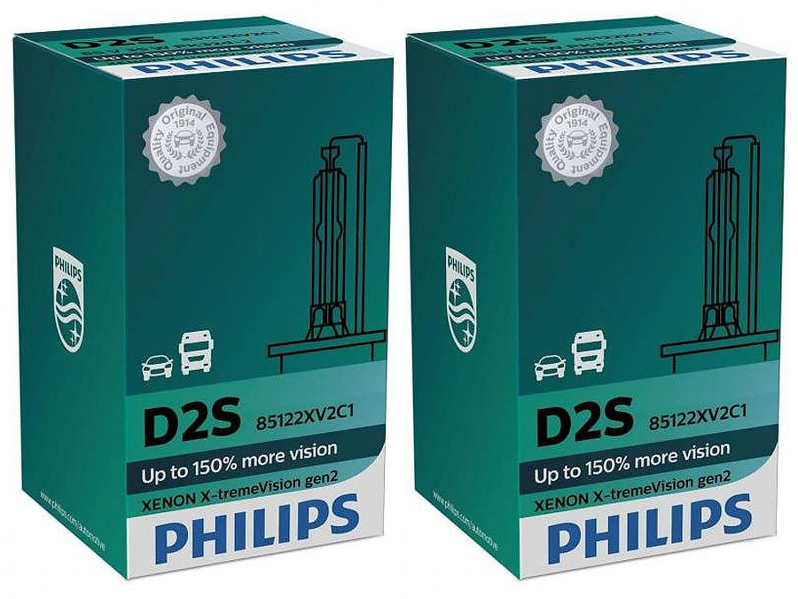 Set of Philips X-treme Vision +150% HID Xenon headlight bulbs 85122XV2C1 D2S