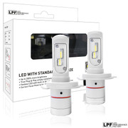 Enclosed package with two opened LPF 6000K Fanless Halogen size LED Lights w/Smartchip bulbs H4/9003/HB2