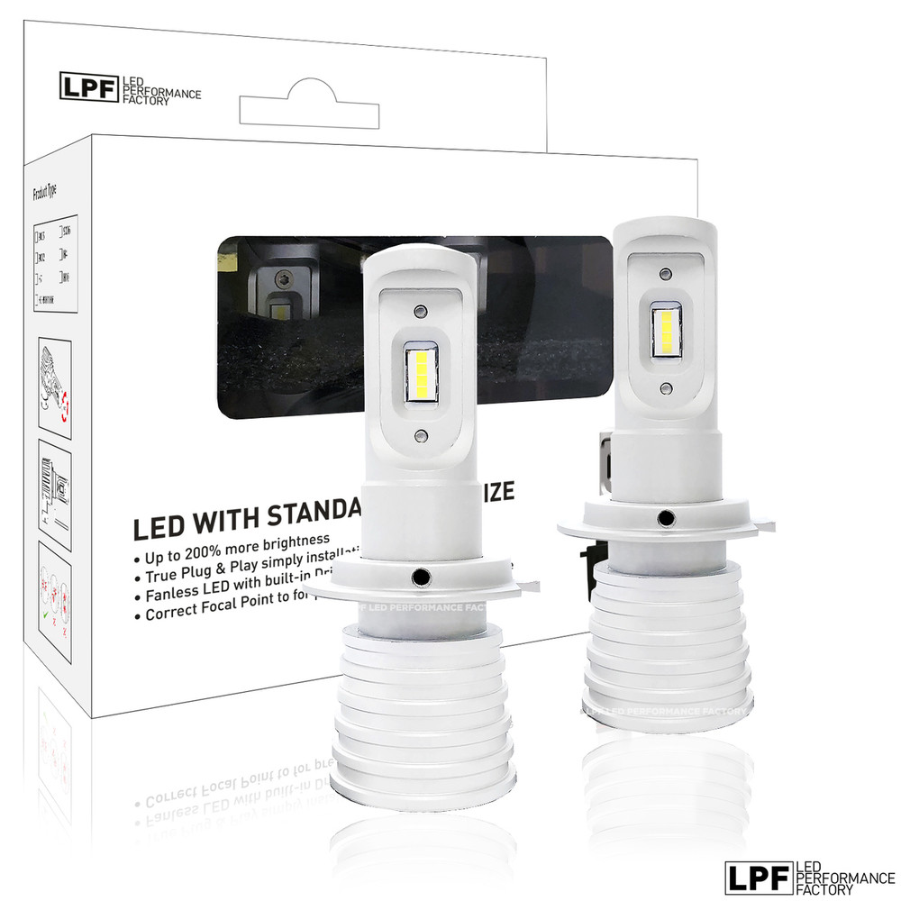 Enclosed package with two bulbs of LPF 6000K Fanless Halogen size LED Lights w/Smartchip H7