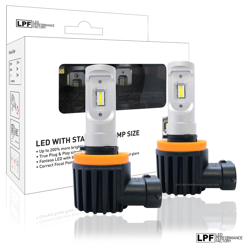 Enclosed package with two bulbs of LPF 6000K Fanless Halogen size LED Lights w/Smartchip H11