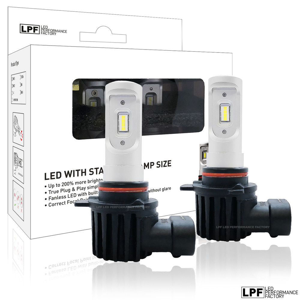 Enclosed package with two bulbs of 9012: LPF 6000K Fanless Halogen size LED Lights w/Smartchip 9012