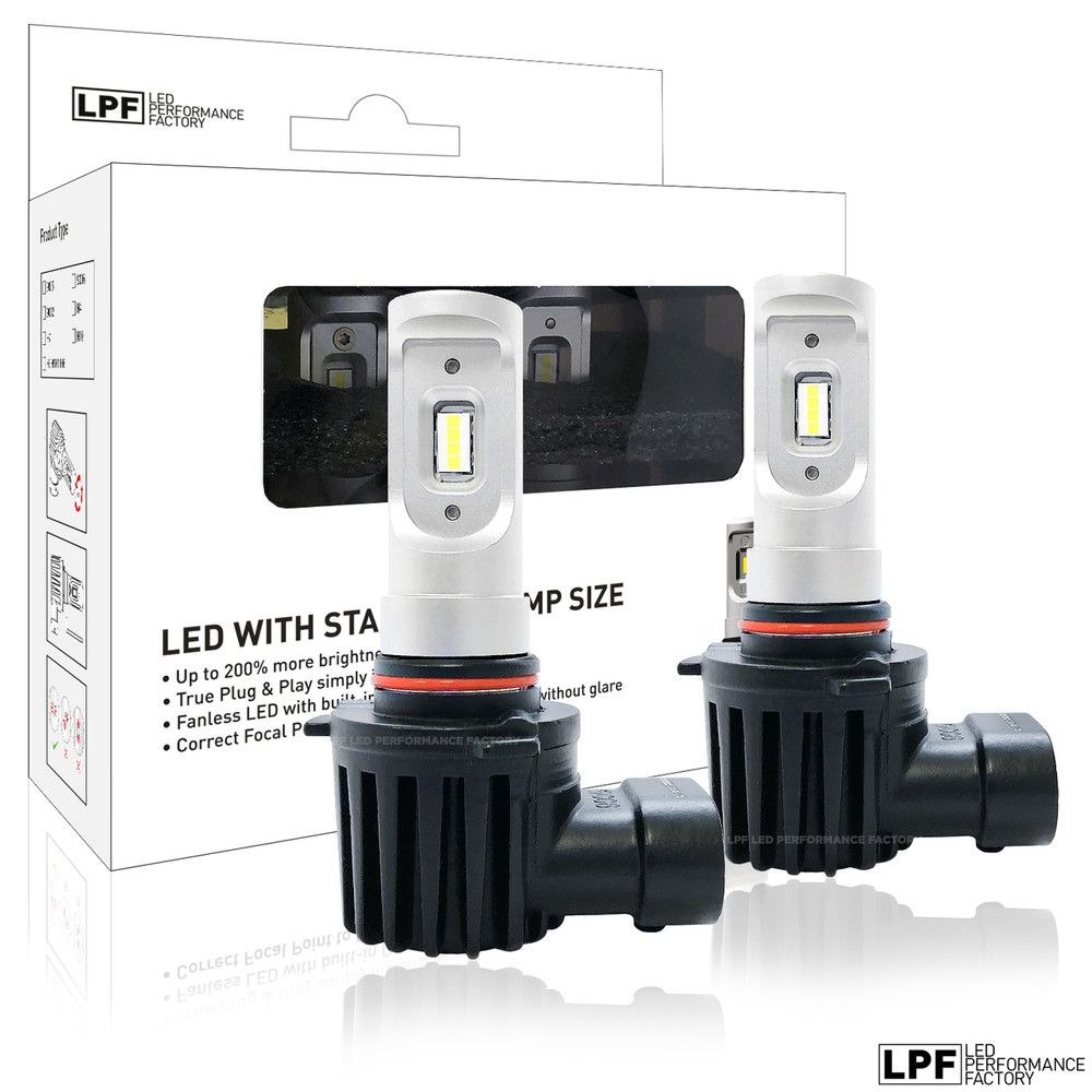 Enclosed package with two bulbs of LPF 6000K Fanless Halogen size LED Lights w/Smartchip 9005