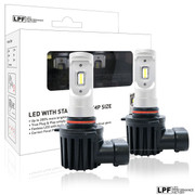 Enclosed package with two bulbs of LPF 6000K Fanless Halogen size LED Lights w/Smartchip 9005