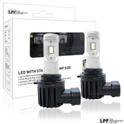 Enclosed package with two bulbs of LPF 6000K Fanless Halogen size LED Lights w/Smartchip 9006
