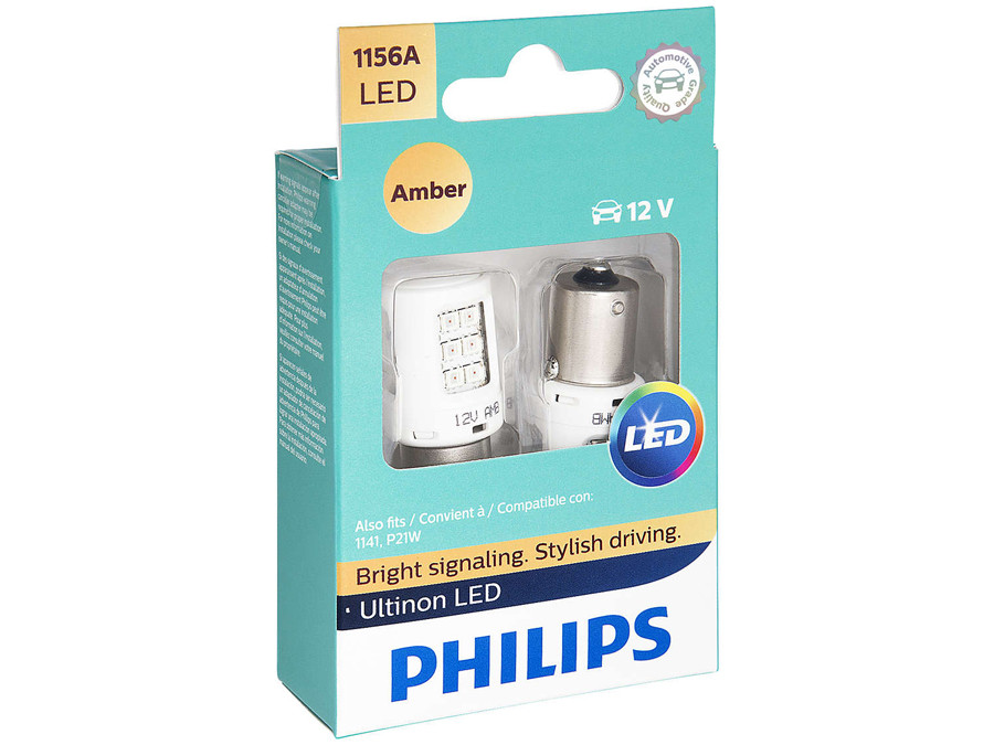 Enclosed package of Philips Ultinon LED Amber Interior/Exterior bulbs 1156