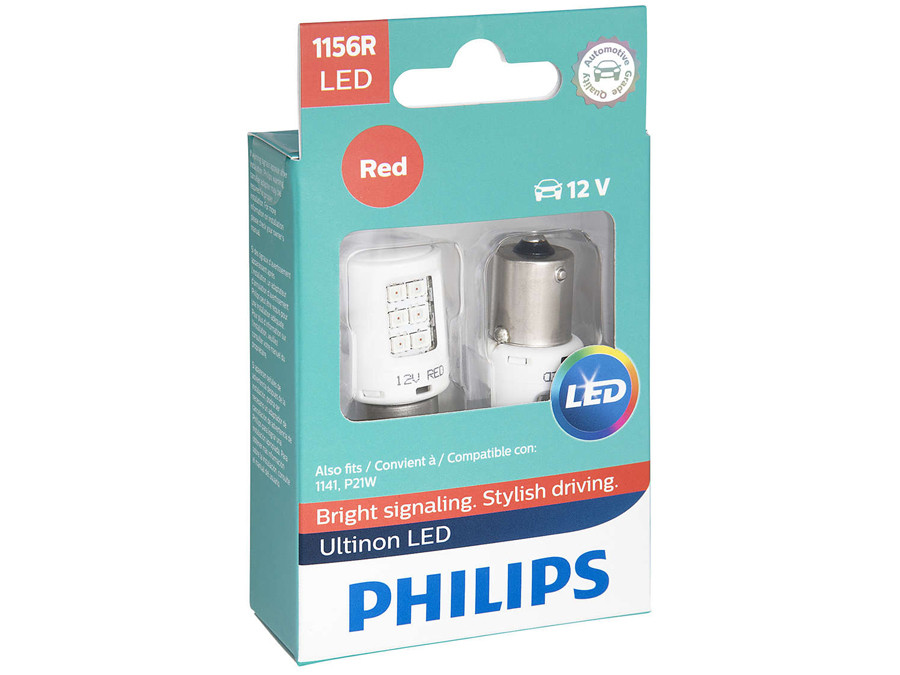 Enclosed package of Philips Ultinon LED Red Interior/Exterior bulbs 1156