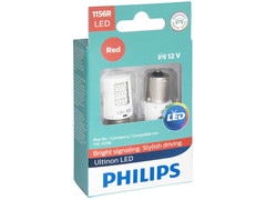 Enclosed package of Philips Ultinon LED Red Interior/Exterior bulbs 1156