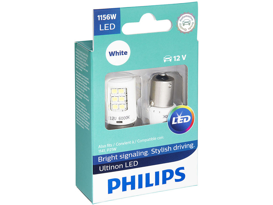Enclosed package of Philips Ultinon LED White Interior/Exterior bulbs 1156
