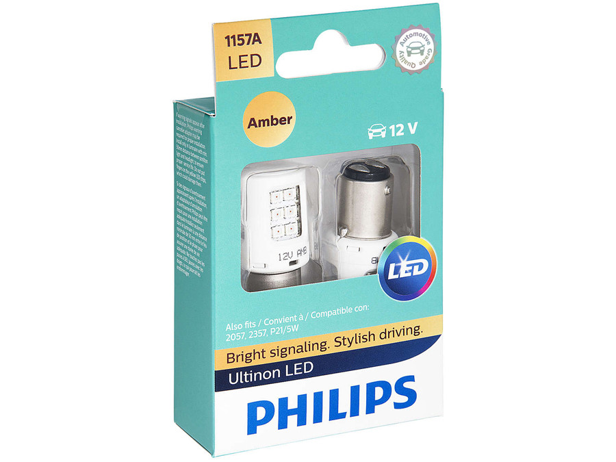 Enclosed package of Philips Ultinon LED Amber Interior/Exterior bulbs 1157