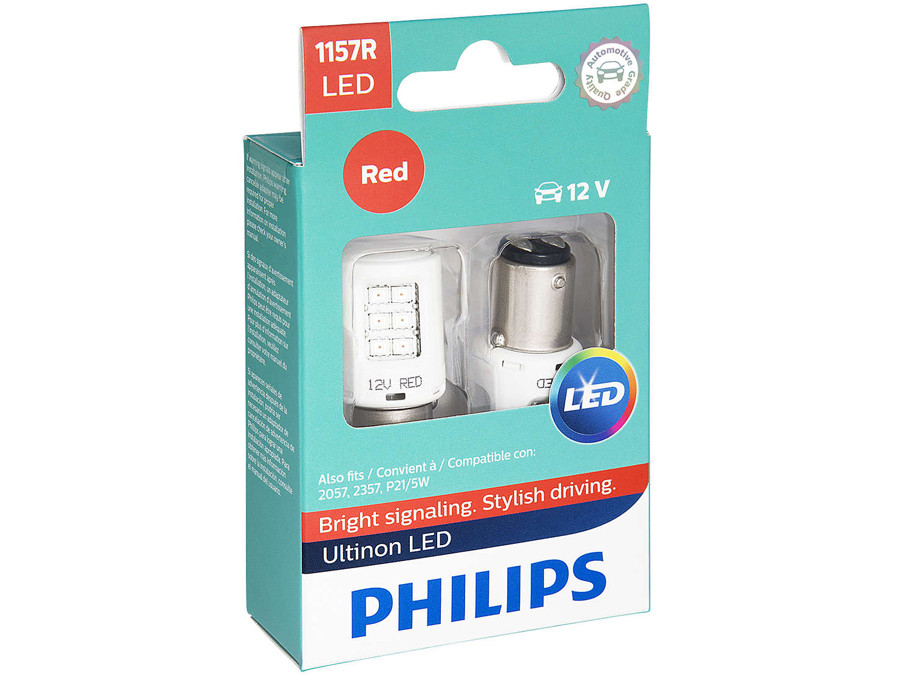 Enclosed package of Philips Ultinon LED Red Interior/Exterior bulbs 1157