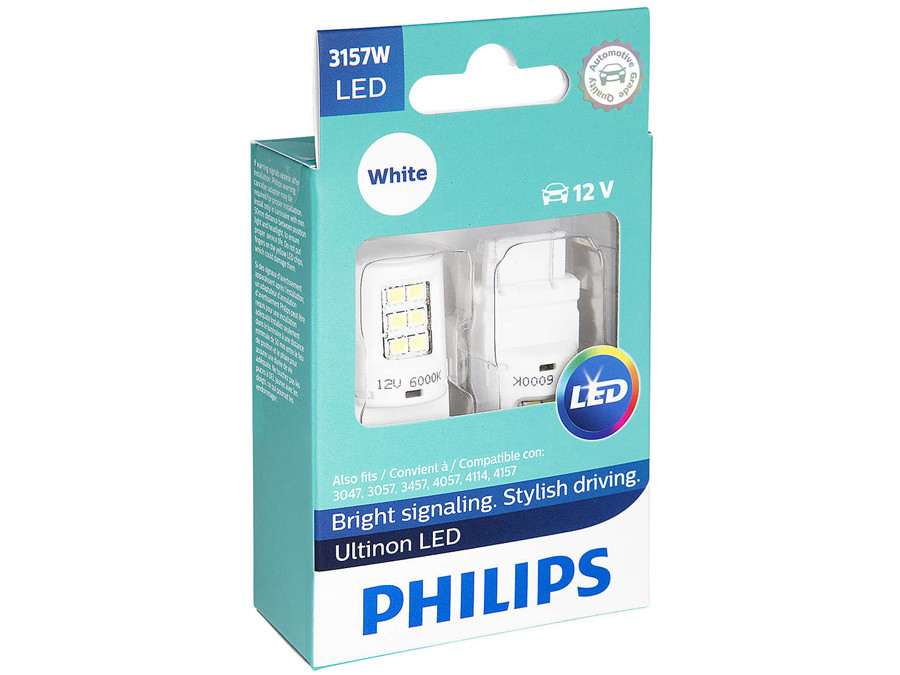 Enclosed package of Philips Ultinon LED White Interior/Exterior bulbs 3157