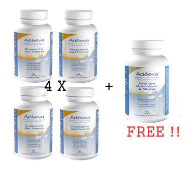 Adeeva Glucosamin Joint Formula, 4 * 90 Capsules and (FREE) Adeeva Multivitamin and Mineral, 120 Capsules | NutriFarm.ca