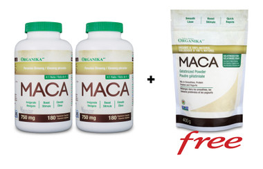 Organika Maca 750 mg, 2 x 180 Vegetable Capsules + (FREE) Maca, 400 g | NutriFarm.ca
