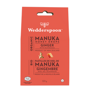 Wedderspoon Organic Manuka Honey Drops Ginger, 120 g | NutriFarm.ca