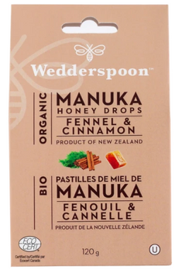 Wedderspoon Organic Manuka Honey Drops Fennel and Cinnamon, 120 g | NutriFarm.ca