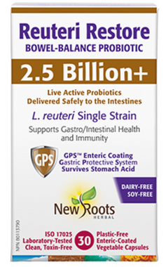 New Roots Reuteri Restore Bowel-Balance Probiotic · 2.5 Billion+, 30 Caps | NutriFarm.ca