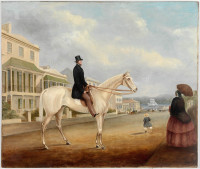 Stephen Butts on a white horse, Macquarie Street, Sydney, c.1850
