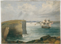 Sydney Heads (showing sailing ship with American flag entering Sydney Harbour and a small screw steamer inside the Heads, c.1850?