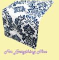 Navy White Damask Flocking Taffeta Wedding Table Runners Decorations x 25 For Hire