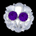 Purple Amethyst Crystal Stone Double Thistle Flowers Chrome Plated Brooch