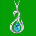 Swiss Blue Topaz Pear Cut Swan Diamond Accent 14K White Gold Pendant