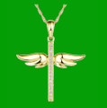 White Diamond Angel Wings Cross 14K Yellow Gold Pendant