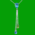Blue Topaz Green Peridot Pear Briolette Double Drop 14K White Gold Pendant