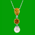 Citrine Pear Round White Pearl Drop 14K White Gold Pendant