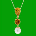 Citrine Pear Round White Pearl Drop 14K Yellow Gold Pendant