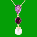 Purple Amethyst Pear Round White Pearl Drop 14K Yellow Gold Pendant