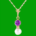 Purple Amethyst Round White Pearl Drop 14K Yellow Gold Pendant