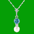 Blue Topaz Round White Pearl Drop 14K White Gold Pendant