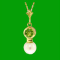 Green Peridot Round White Pearl Drop 14K Yellow Gold Pendant
