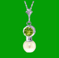 Green Peridot Round White Pearl Drop 14K White Gold Pendant