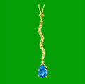 Blue Topaz Pear Inlaid Diamond Twist Long Drop 14K Yellow Gold Pendant