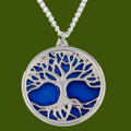 Tree Of Life Blue Enamel Background Round Stylish Pewter Pendant