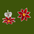 Poinsettia Flower Red Enamel Yellow Crystal Small Stud Stylish Pewter Earrings