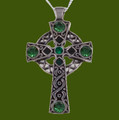 Celtic Cross Antiqued Knotwork Green Glass Stones Stylish Pewter Pendant