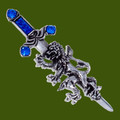 Rampant Lion Sword Antiqued Blue Glass Stone Stylish Pewter Brooch