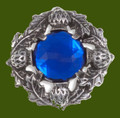 Thistle Flower Antiqued Round Blue Glass Stone Stylish Pewter Brooch